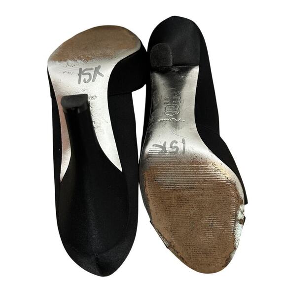 Nina Sze 9 Black Satin Rhinestone Bow Peep Toe Stiletto Heels Formal Classy Pump - Picture 8 of 11